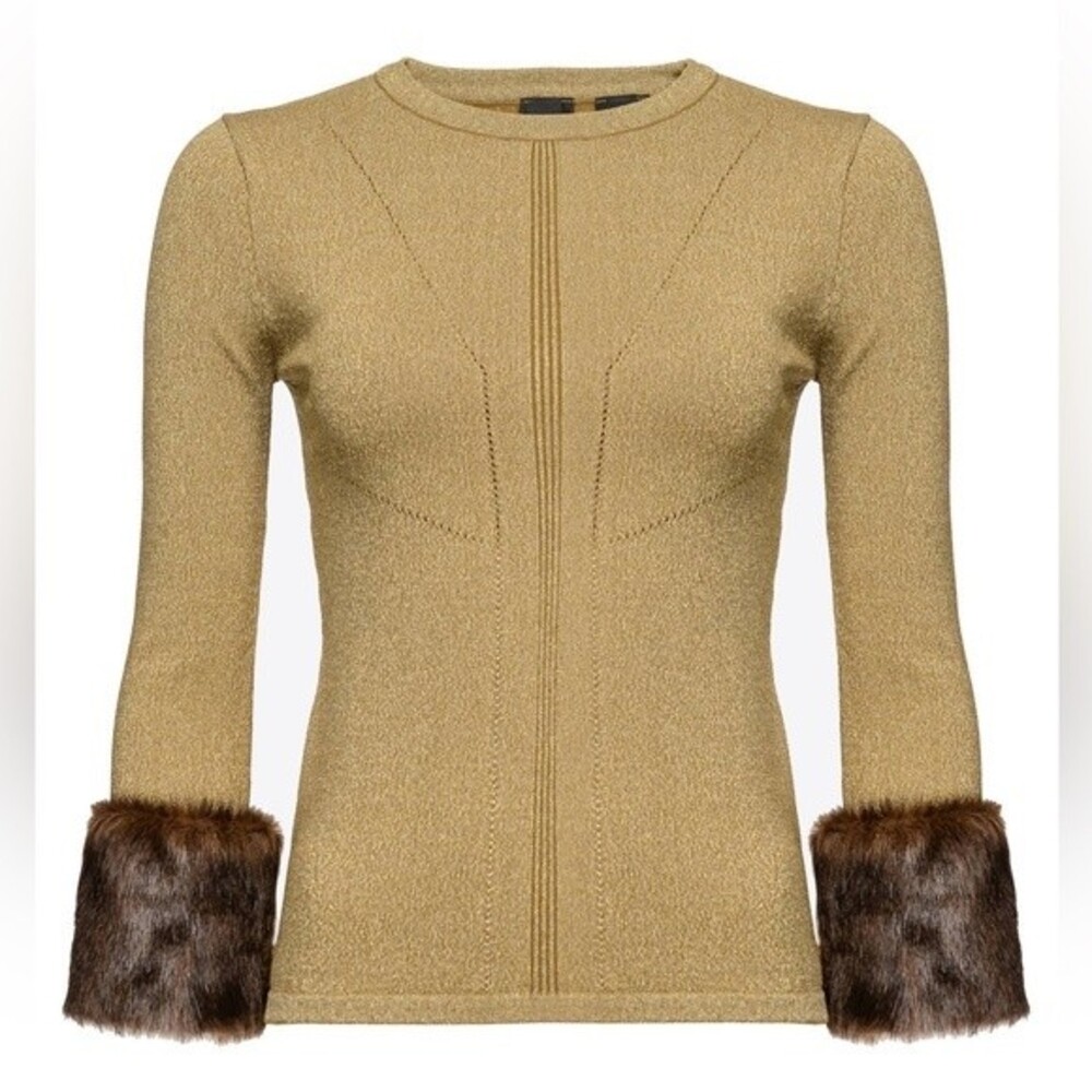 Pinko sweater with faux fur cuffs green/gold size S NWT